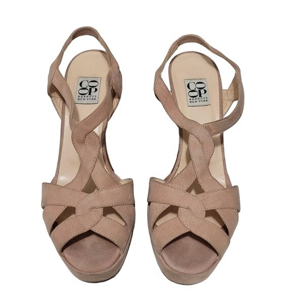 Barneys of New York Italian Tan Suede Open Toe Heels Sz 39 - Picture 1 of 9